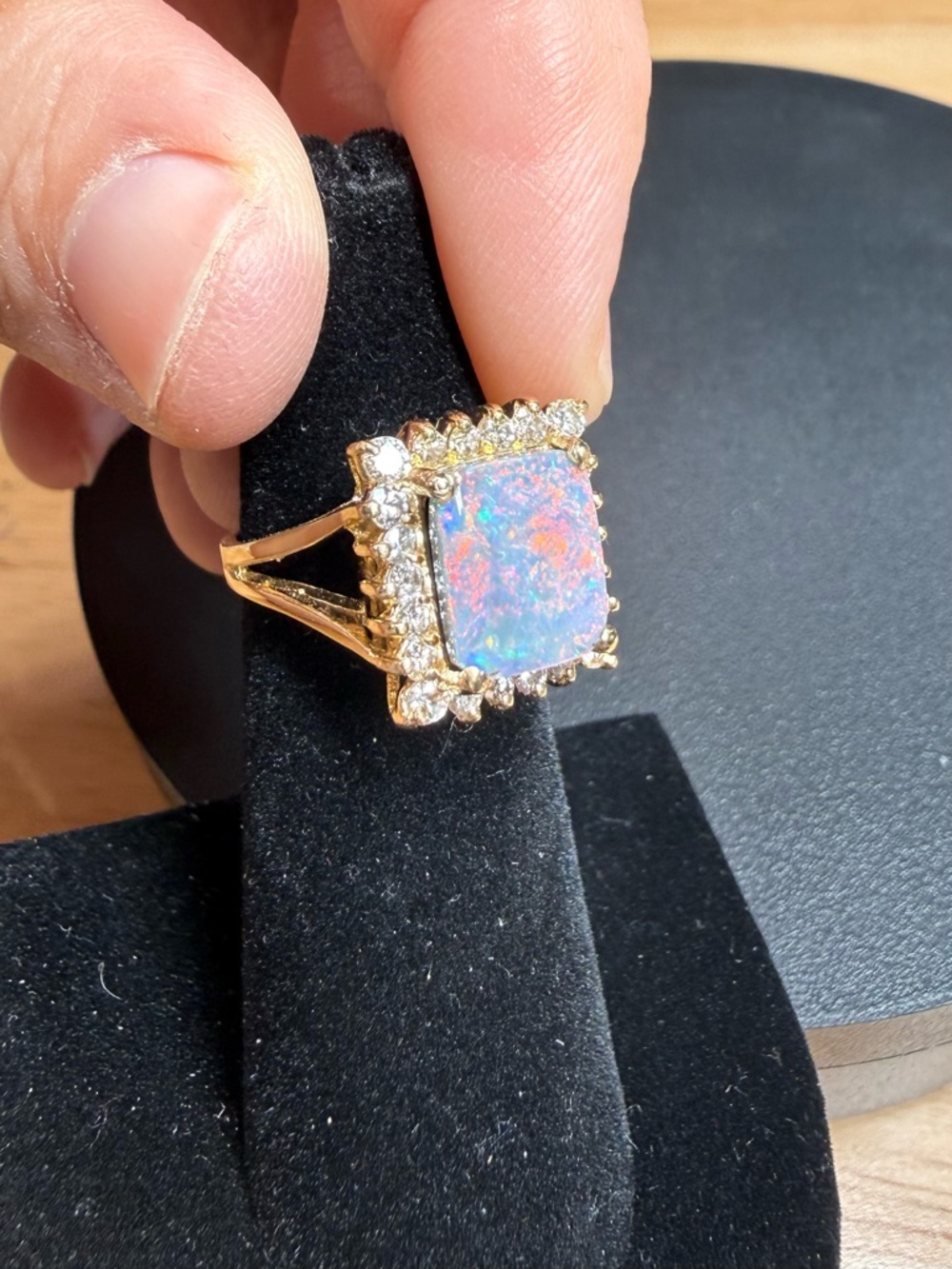 Lightning Ridge Black Opal and 14k Gold Opal Halo Ring - Iridescent - Picture 11 of 15